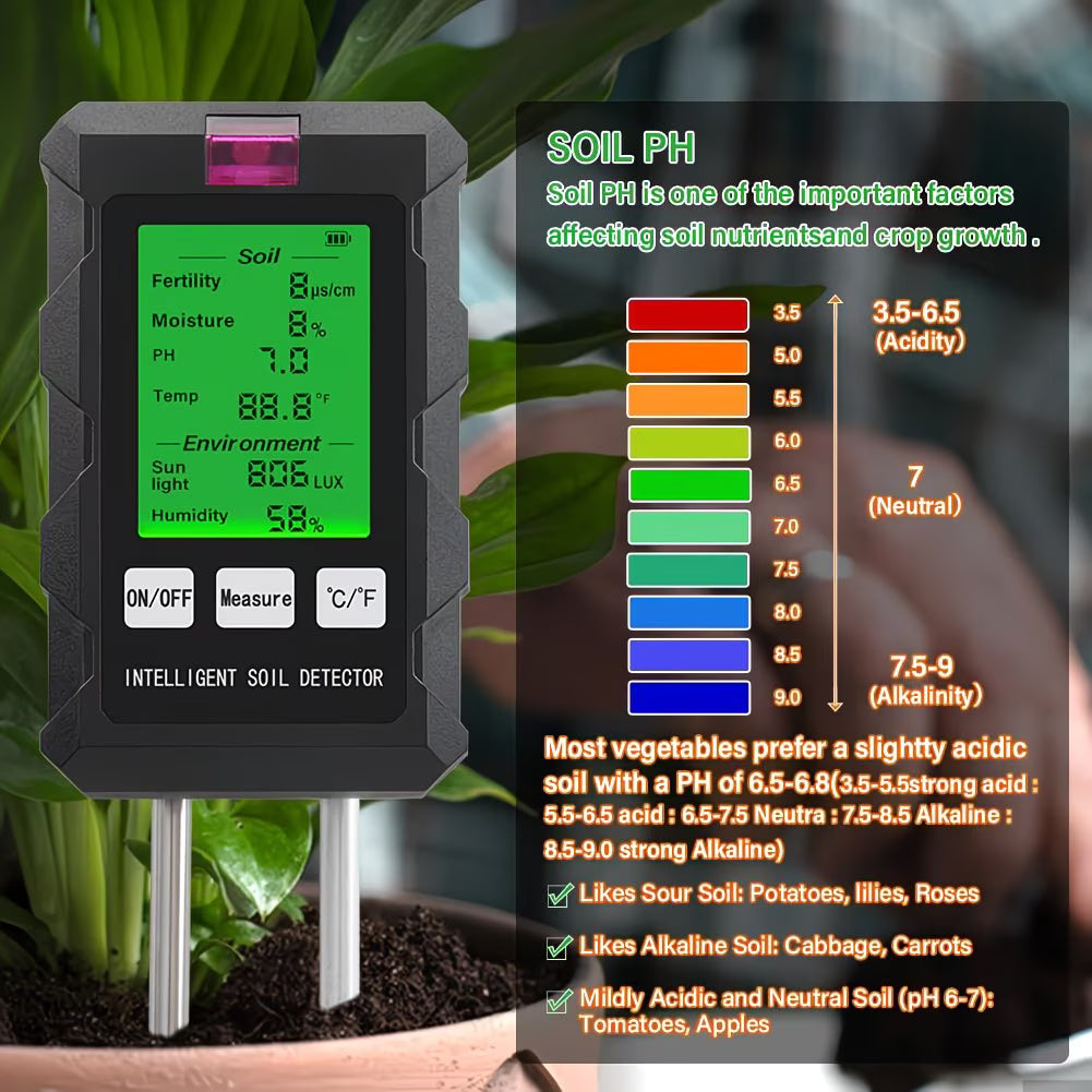 1 Multifunctional 6-in-1 Soil Moisture Tester pH Tester Fertility/Lightness/Carbon Dioxide Absorption Garden Thermometer