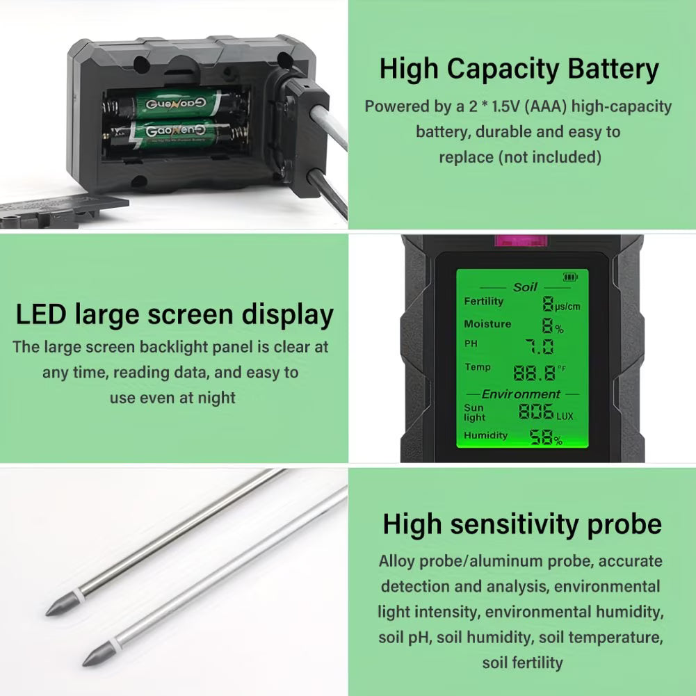 1 Multifunctional 6-in-1 Soil Moisture Tester pH Tester Fertility/Lightness/Carbon Dioxide Absorption Garden Thermometer